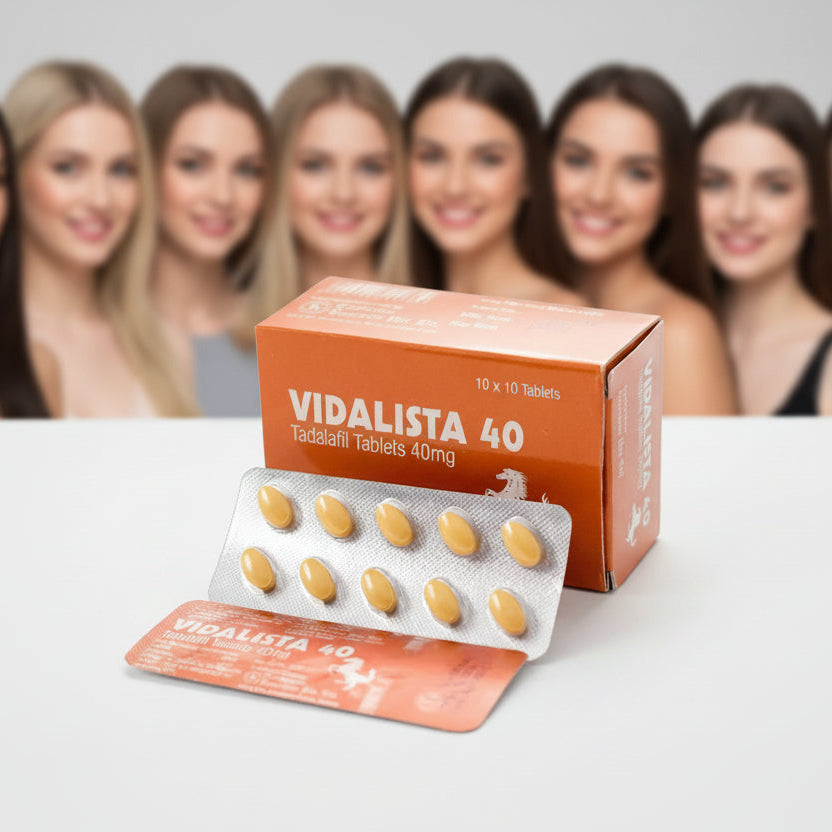 Vidalista 40mg packaging with tablets on a white background